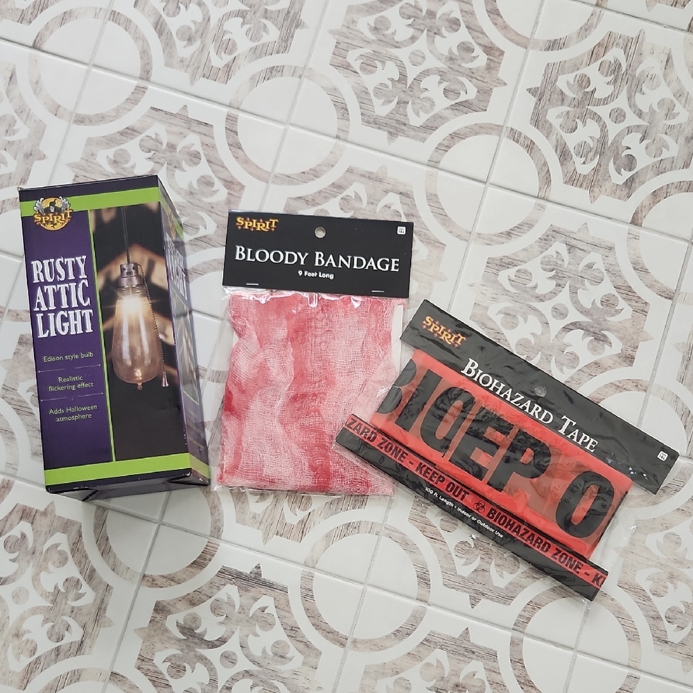 Halloween Decor Bundle - Rusty Attic Light, Bloody Bandage, and Biohazard Tape